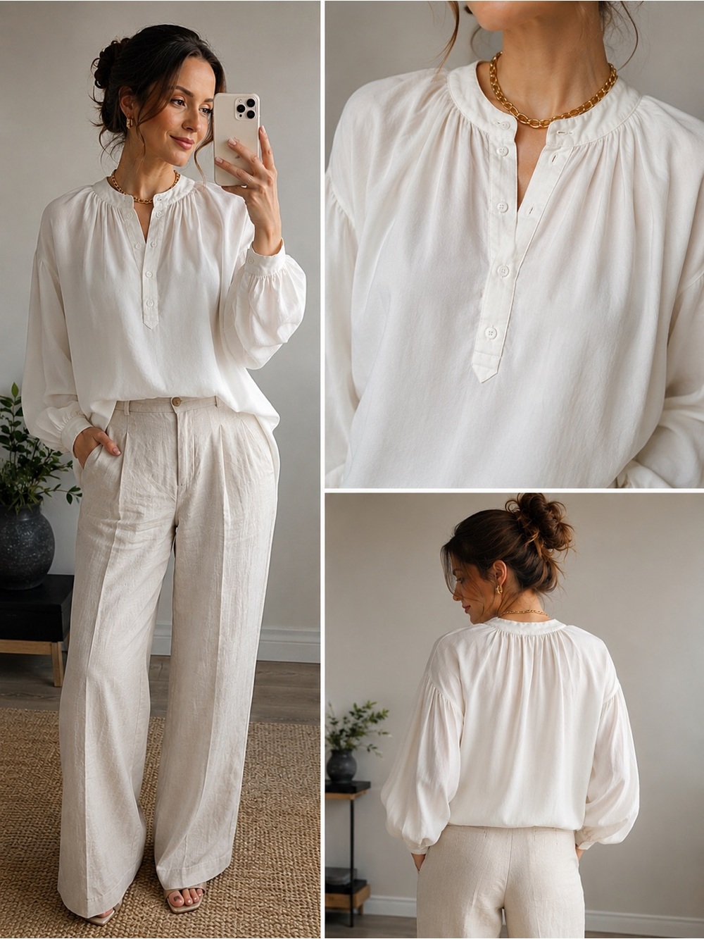 H&M White Boho Blouse Women’s Gathered Neck Long Sleeve Flowy Cottagecore Top